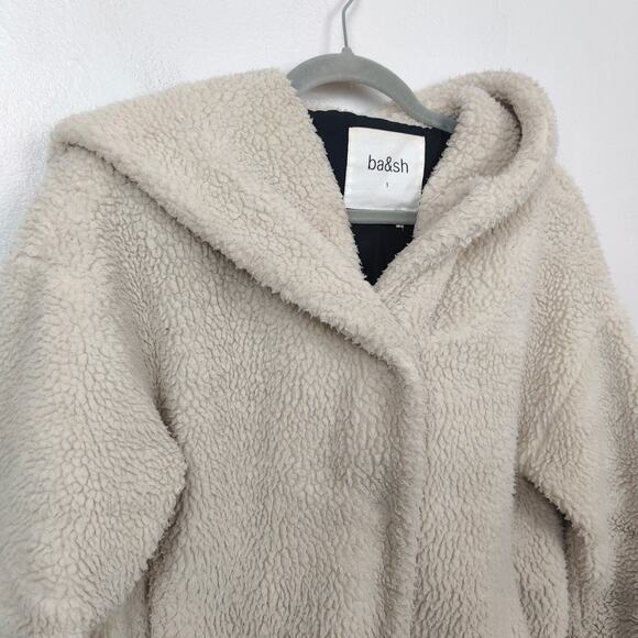 ba&sh Sherpa Jacket Womens 1 Small Jojo Lady Coat Beige Full Zip Teddy Hooded - Picture 2 of 8